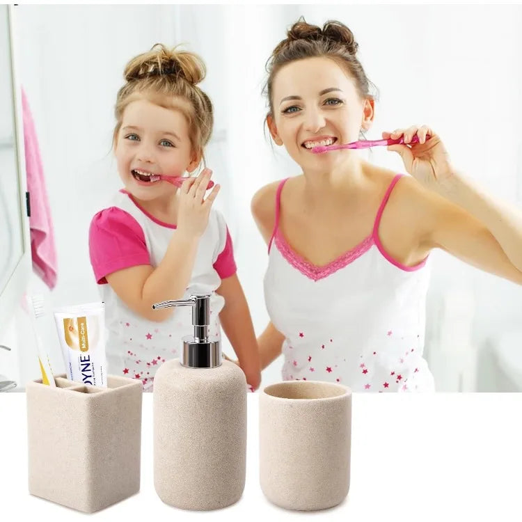 Resin 6 Piece Beige Bathroom Set with Toothbrush Holder Lotion Soap Dispenser Qtip Holder Dispensers Vanity Tray and Bathroom Tumbler