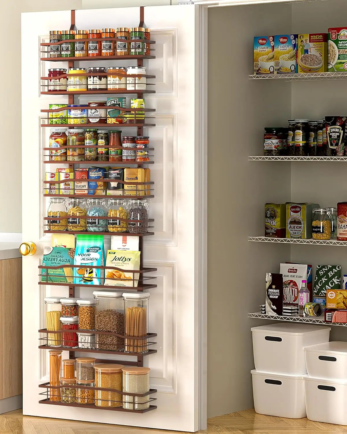 White 9 Tier Over The Door Pantry Organizer Metal Hanging Spice Rack Shelves Storage Solution for Home