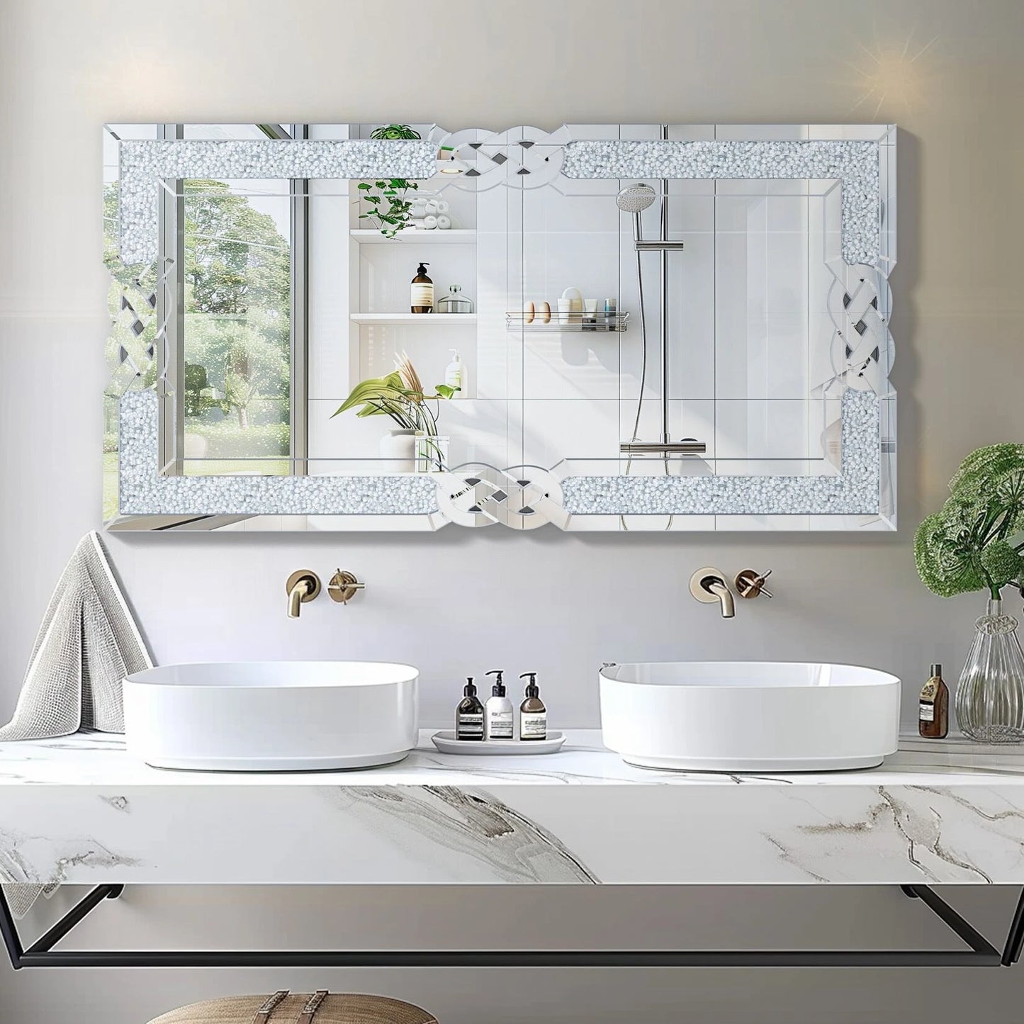 Wisfor Crushed Diamond Wall Mirror Rectangular Glass Silver Vanity