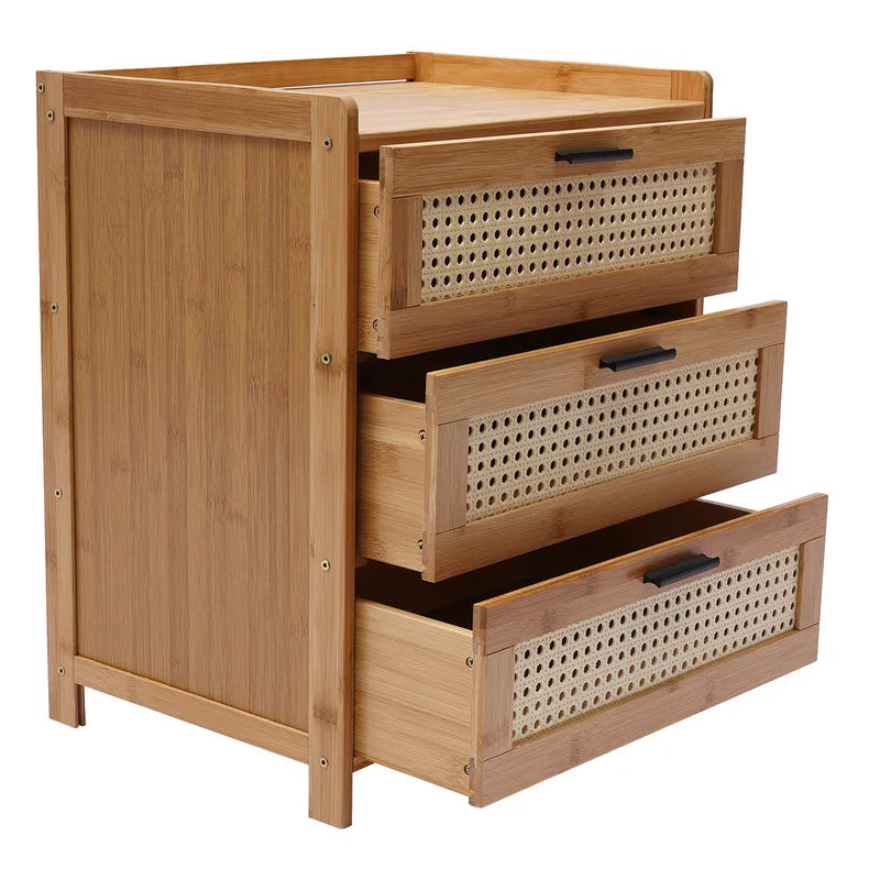 3- Drawer Bamboo Wood Bedside Table Nightstand Storage Cabinet Bedroom Bedside End Table Furniture