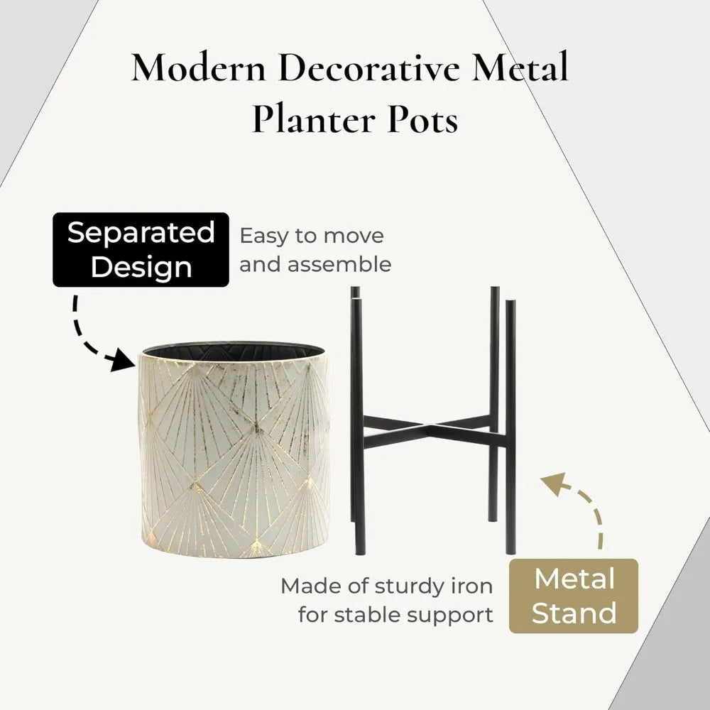 LuxenHome Indoor Plant Planters Set of 3 Floor Pots with Stands Modern Decorative Metal Flower Pots Distressed Gray Gold