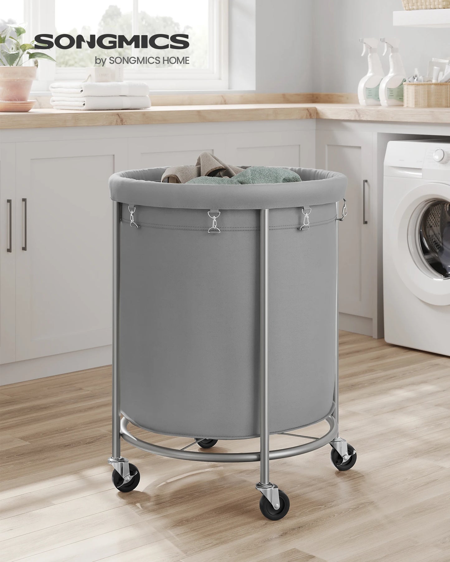 Songmics Laundry Basket with Wheels Rolling Laundry Hamper 45 Gallon Round Laundry Cart with Steel Frame and Removable Bag