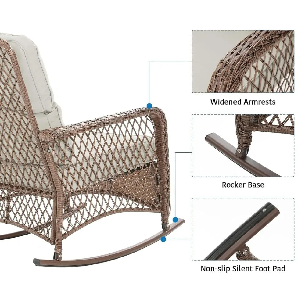 Outdoor Rocker Chairs and Coffee Table for Garden, Wicker Rocking Bistro Set with Thick Cushions, Patio Furniture Set 3 Pieces