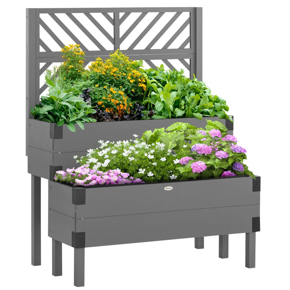 Raised Garden Bed with Trellis Two Tier Wooden Elevated Planter Box with Legs and Metal Corners for Vegetables Flowers and Herbs