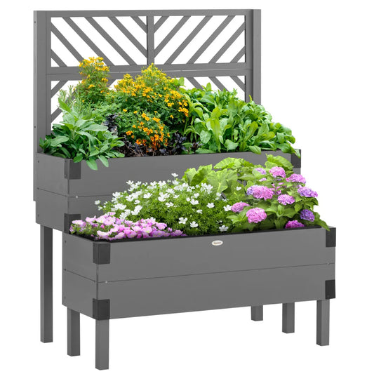 Raised Garden Bed with Trellis Two Tier Wooden Elevated Planter Box with Legs and Metal Corners for Vegetables Flowers and Herbs