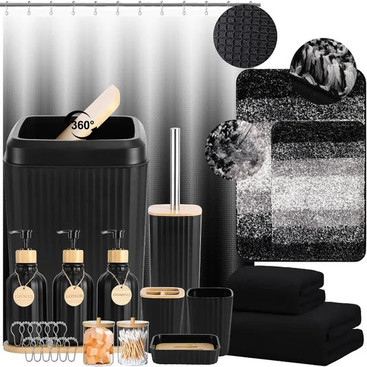 34PCS Bathroom Accessories Set with Shower Curtain Rugs Bath Towel Trash Can Lotion Soap Dispenser Toothbrush Holder Soap Dish Tumbler Cup and Wood Tags