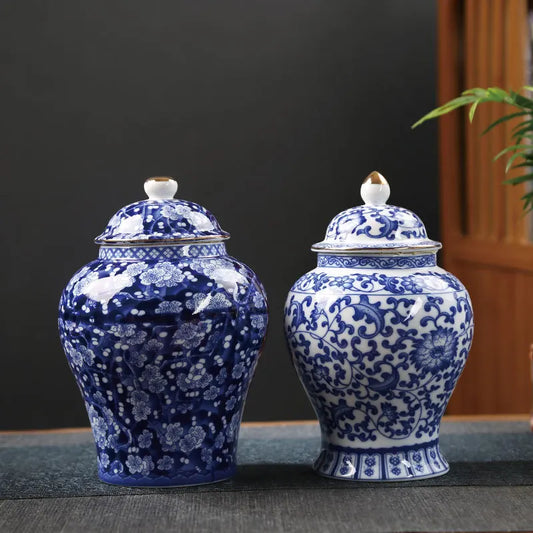 Gold-plated Ceramic Storage Jar Blue and White Porcelain Tea Jar