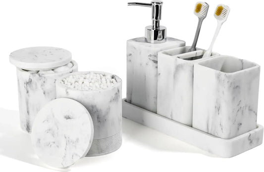 Authentic Bathroom Accessories Set 6 Piece Bathroom Set with Toothbrush Holders Soap Dispenser Vanity Tray Artificial Marble