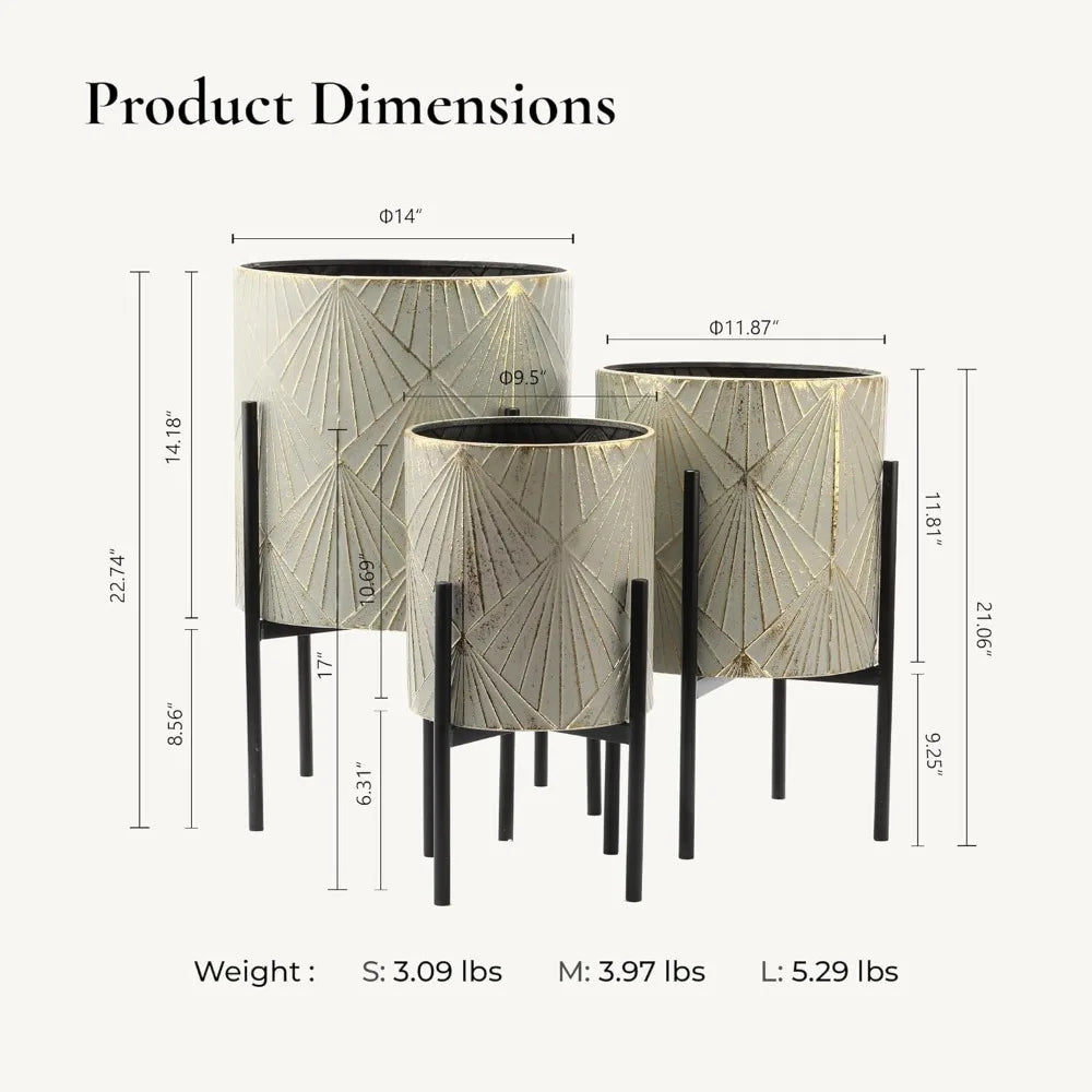 LuxenHome Indoor Plant Planters Set of 3 Floor Pots with Stands Modern Decorative Metal Flower Pots Distressed Gray Gold