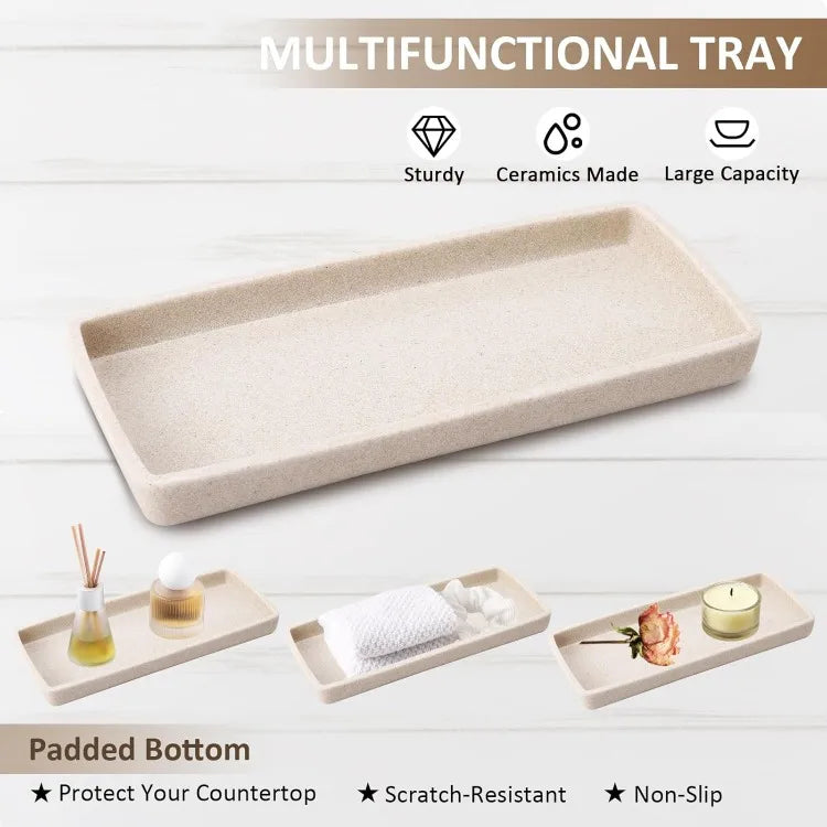 Resin 6 Piece Beige Bathroom Set with Toothbrush Holder Lotion Soap Dispenser Qtip Holder Dispensers Vanity Tray and Bathroom Tumbler