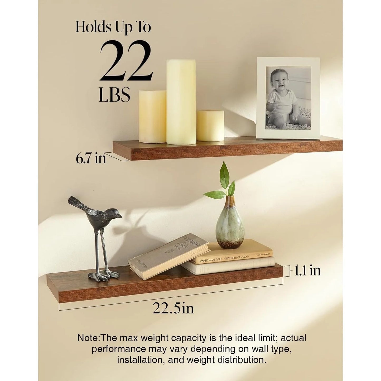 Floating Shelves Set of 2 22.5 Inch Wall Mounted Wood Shelves for Bathroom Bedroom Living Room Kitchen Rustic Brown