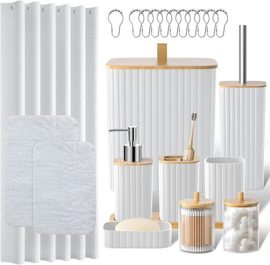 24PCS Bathroom Accessories Set with Shower Curtain Rugs Trash Can Toilet Brush Holder and Soap Dispenser Stylish and Functional Bath Decor