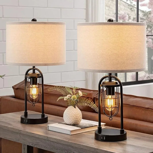 Set of 2 Farmhouse Table Lamps With USB Ports and Night L