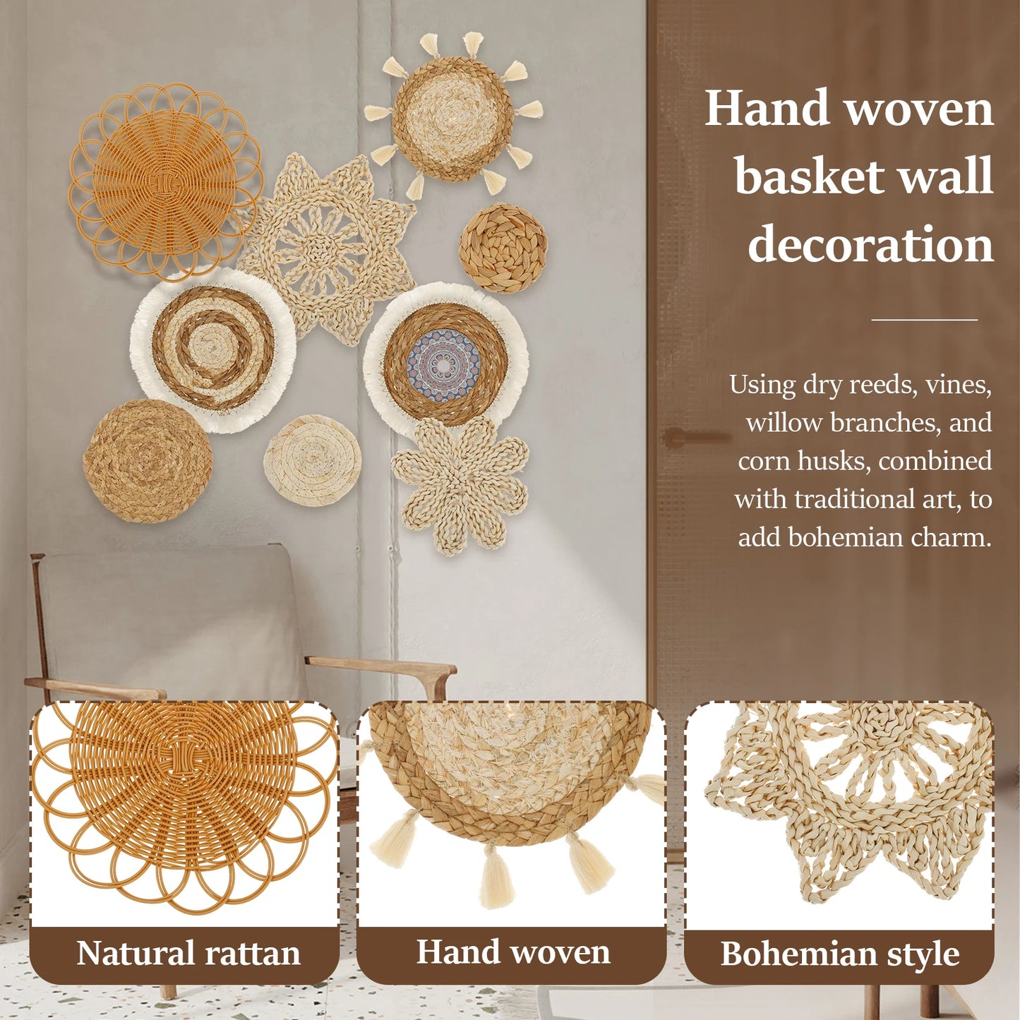 9Pcs Bohemia Wall Hanging Decor Wall Basket Boho Home Decoration Handma t