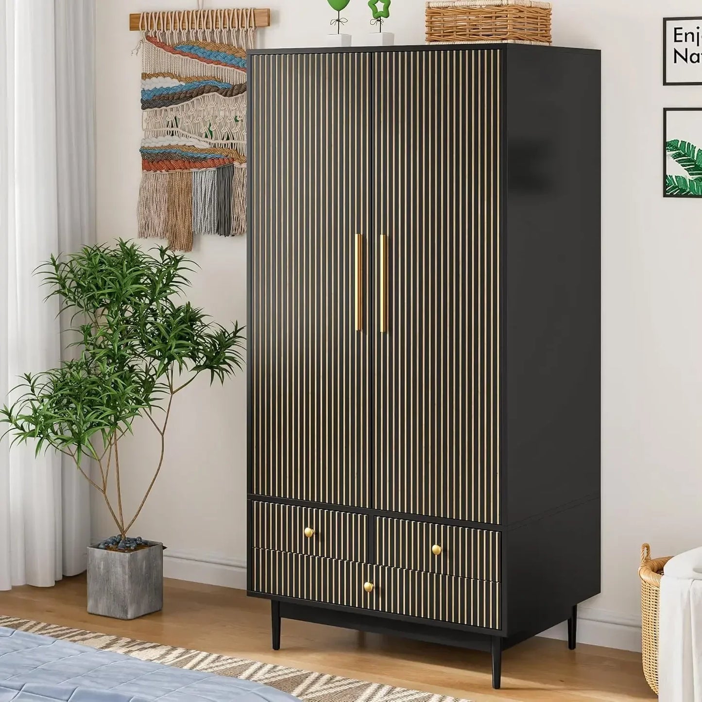 Wardrobe Armoire Wardrobe Closet with 2 Fluted Doors,64.96"e