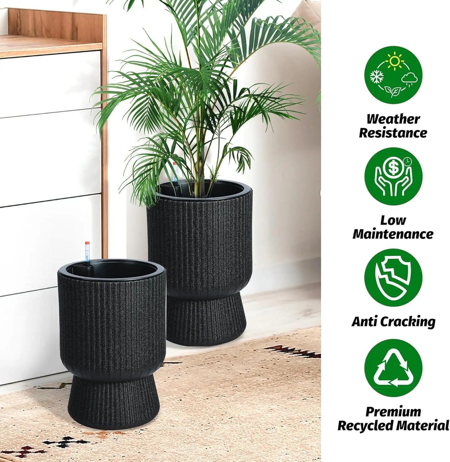 14 Inch Self Watering Plant Pots Set of 2 with Drainage Holes Tall Planters for Indoor Plants and Flowers