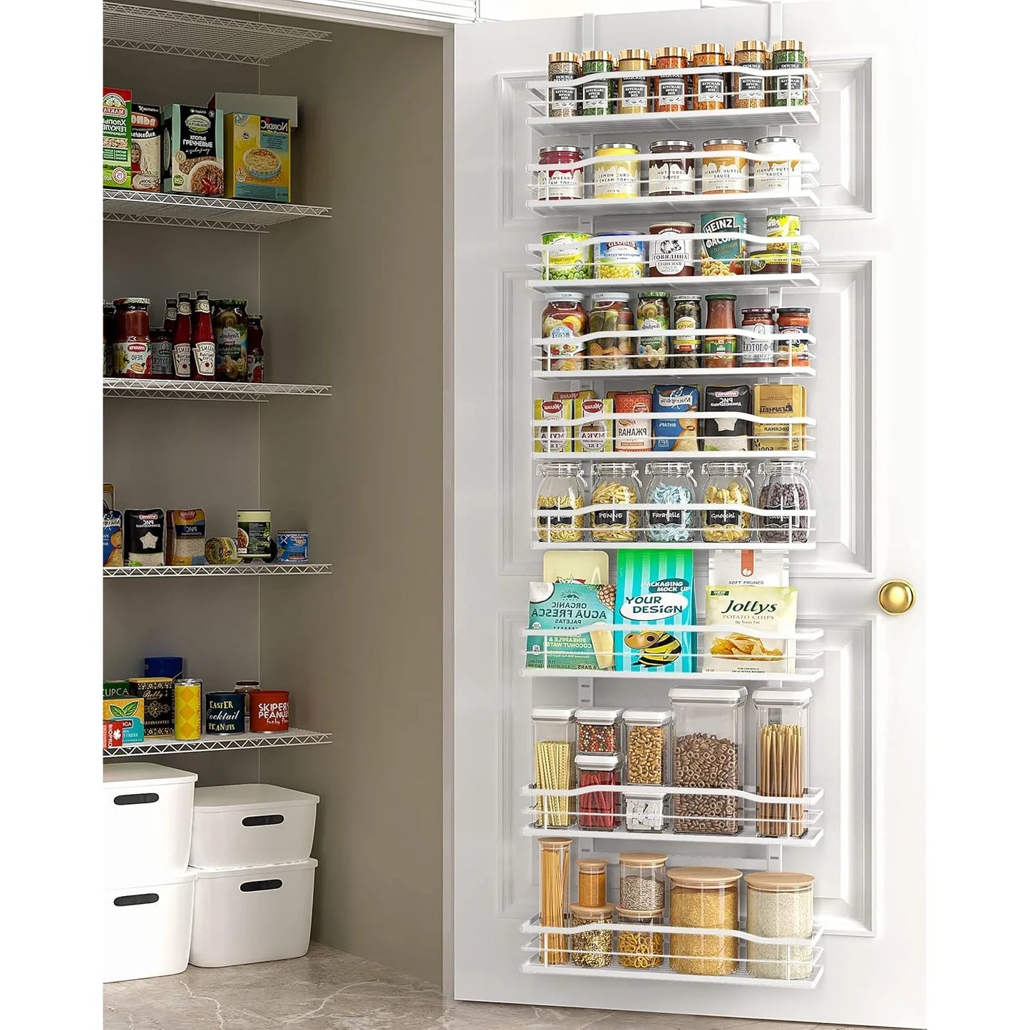 White 9 Tier Over The Door Pantry Organizer Metal Hanging Spice Rack Shelves Storage Solution for Home