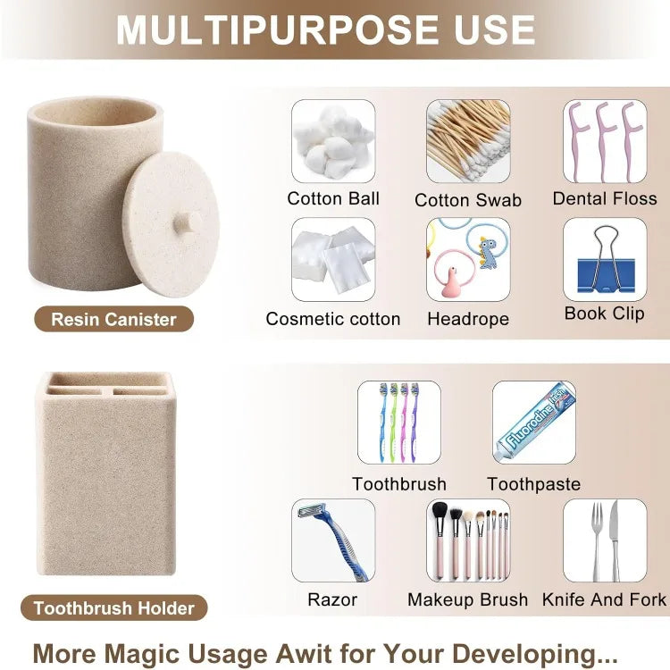 Resin 6 Piece Beige Bathroom Set with Toothbrush Holder Lotion Soap Dispenser Qtip Holder Dispensers Vanity Tray and Bathroom Tumbler