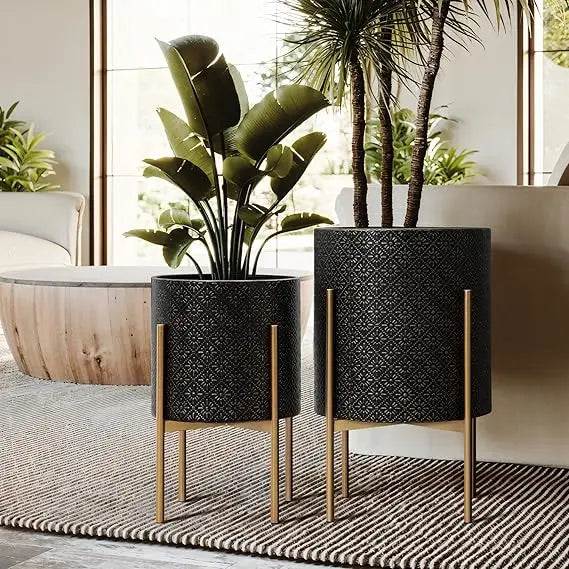 LuxenHome Indoor Plant Planters Set of 3 Floor Pots with Stands Modern Decorative Metal Flower Pots Distressed Gray Gold
