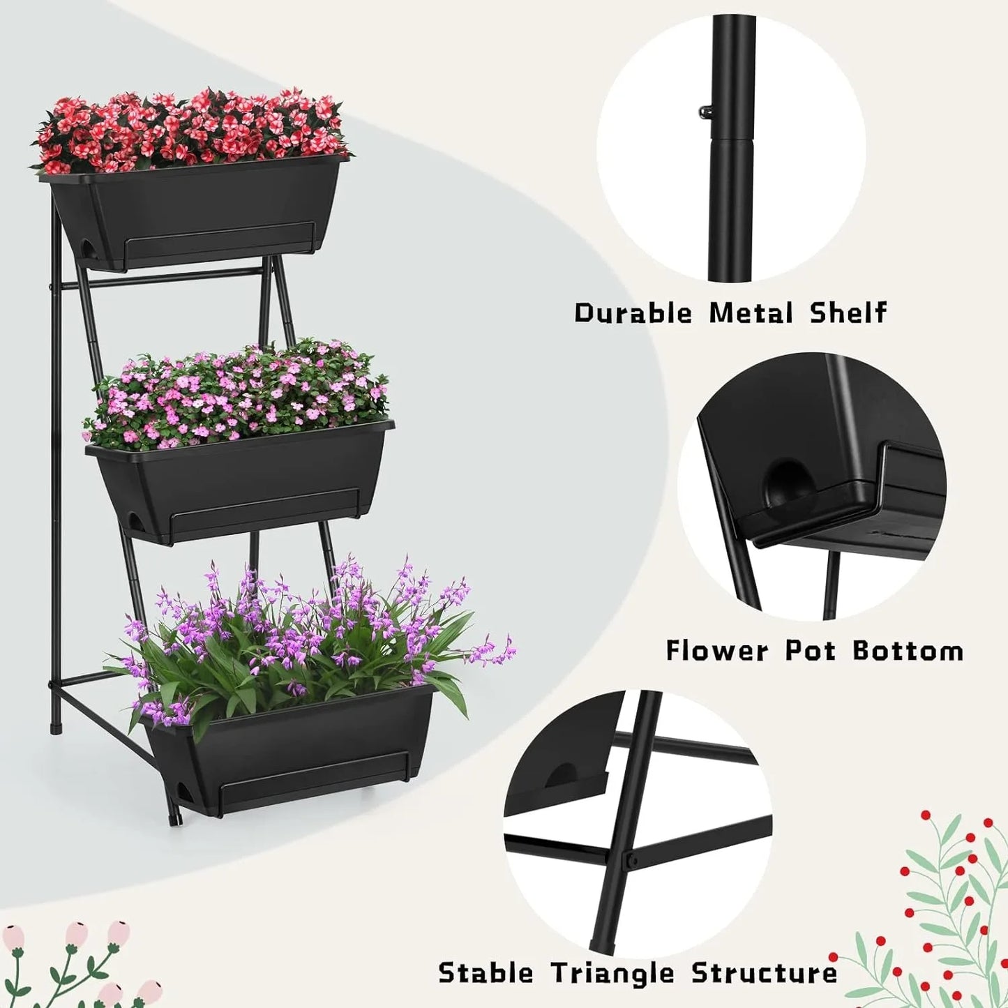 Vertical Raised Garden Bed Outdoor 3 Tiered Garden Planters Standing Elevated Planter Box with Drainage Holes for Plants