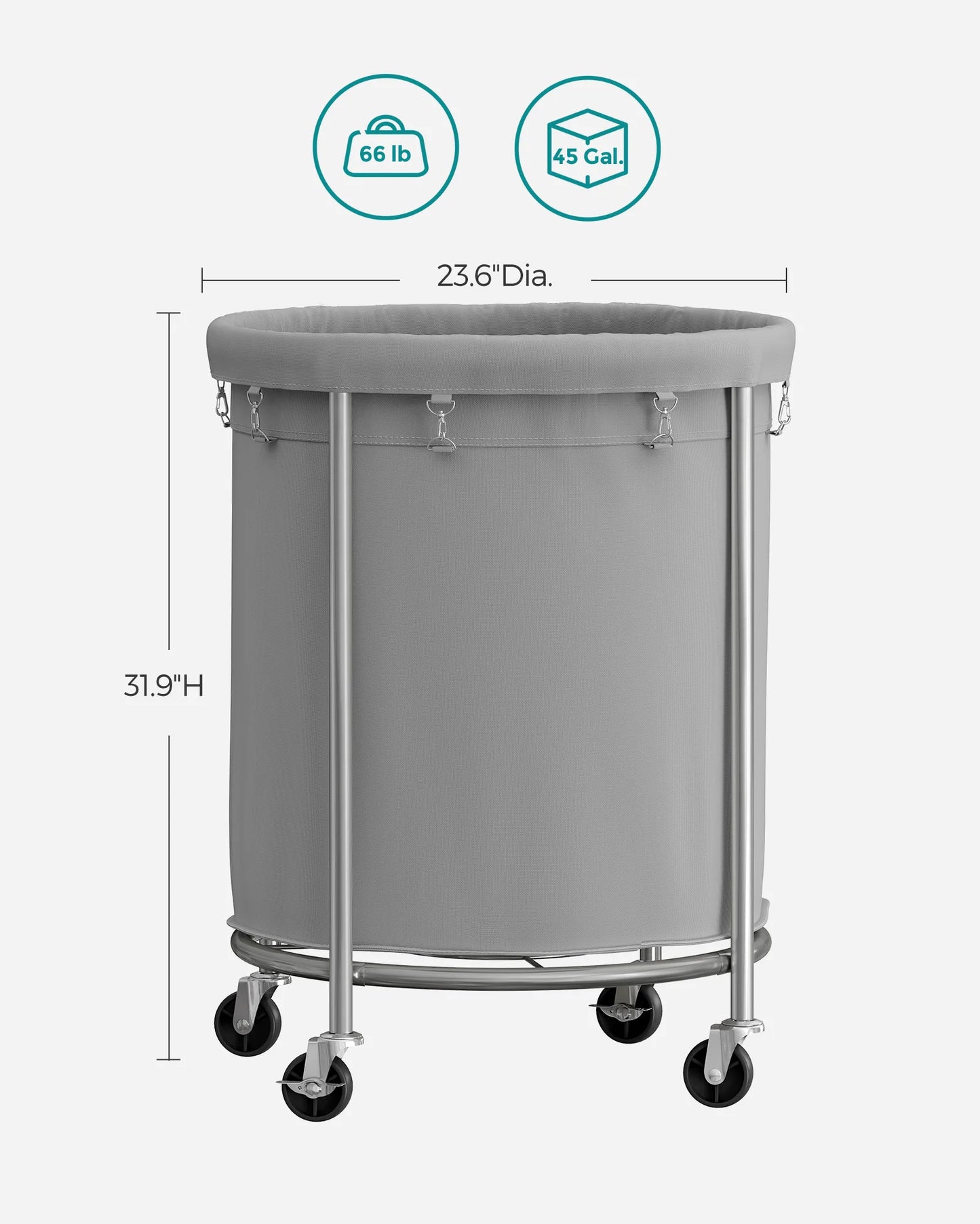 Songmics Laundry Basket with Wheels Rolling Laundry Hamper 45 Gallon Round Laundry Cart with Steel Frame and Removable Bag