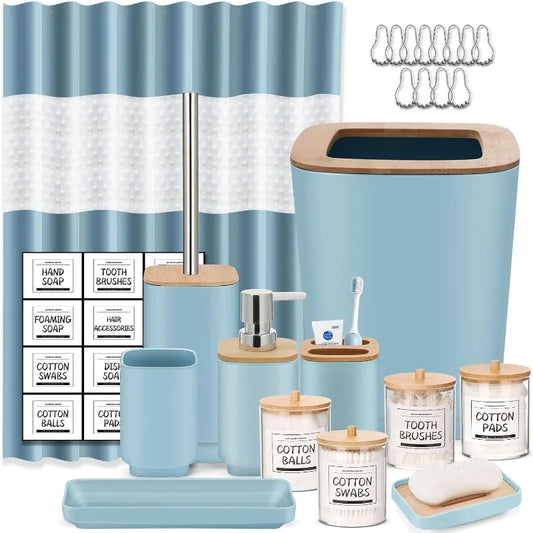 Blue Bathroom Accessories Set 24 Pieces with Shower Curtain and Trash Can for Home Décor and Gifts
